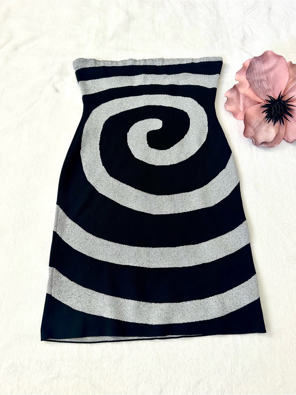 Staud Swirl Mini Dress in Acid Swirl Black Silver Spiral Strapless Large